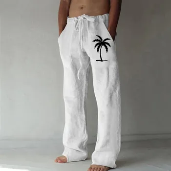 Летние повседневные брюки, повседневная одежда, мужские брюки с принтом кокосовой пальмы, брюки во всю длину, брюки с завязками на талии, уличная одежда Снизу