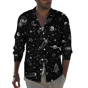 Рубашка с Луной и звездой, Весенние повседневные рубашки Space Galaxy Universe, мужские винтажные блузки с длинным рукавом, графическая эстетическая одежда большого размера
