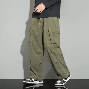 Мужские брюки-карго с боковым карманом, вельветовые брюки, винтажные свободные мужские брюки Harajuku, широкие брюки для бега трусцой большого размера, мужская уличная одежда
