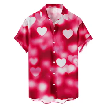 Мужская летняя одежда 2023, новая модная повседневная рубашка на пуговицах с коротким рукавом и принтом, Элегантные Летние рубашки свободного кроя с принтом в виде сердца