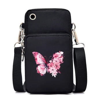 Розовая женская мини-сумка с бабочкой для мобильного телефона, кошельки и сумочки с акварельным цветком, женская сумка на запястье, сумка через плечо, сумки через плечо