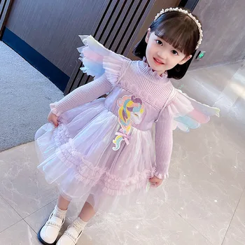 Детское платье 2022 года, новое сетчатое платье для девочек среднего и большого размера, осеннее платье принцессы с крыльями
