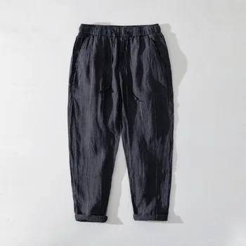 Летние полосатые повседневные брюки Мужские Тонкие Японские повседневные молодежные льняные дышащие прямые брюки со средней талией с несколькими карманами