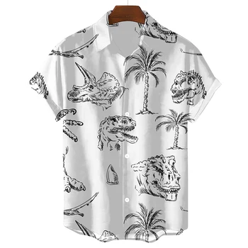 Горячая распродажа, Новая черно-белая Простая мужская рубашка с милым принтом динозавра, мужская одежда, отворот рубашки, модная блузка с коротким рукавом, оверсайз