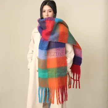 В наличии Классический осенне-зимний мужской Женский шарф в радужную клетку, модная утолщенная шаль из искусственного кашемира, одеяло, сохраняющее тепло