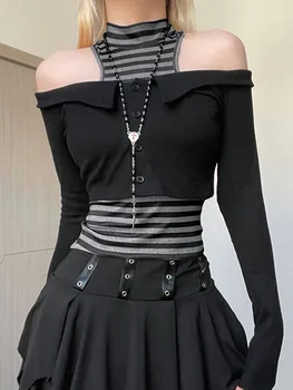 Полосатая футболка в корейском стиле, женские черные футболки с длинным рукавом и открытыми плечами, женская мода в стиле гранж, эстетические топы Y2k, комплект из двух предметов