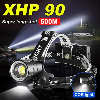 Мощный налобный фонарь, передняя фара, светодиодный перезаряжаемый головной фонарик, рыболовные принадлежности для пеших прогулок, кемпинга XHP90 COB
