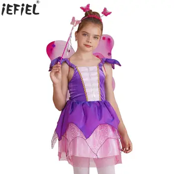 Костюм Феи на Хэллоуин для девочек, Детская карнавальная тематическая вечеринка, наряд для косплея, Многоуровневое сетчатое платье с крыльями бабочки, обруч для волос, палочка