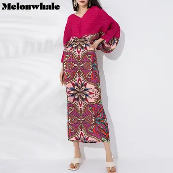 Женские плиссированные платья MelonWhale Miyake с V-образным вырезом и рукавами 
