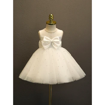 2023 Детское простое платье без рукавов для девочек в цветочек С белым бисером и бантом Вечерние платья принцессы из тюля с многоуровневым формальным бальным платьем