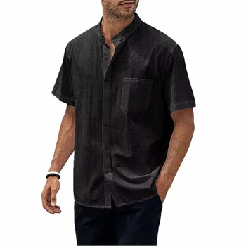 Новая модная мужская рубашка, хлопковый льняной кардиган, однотонная повседневная одежда со стоячим воротником и карманами, трендовая рубашка с короткими рукавами для мужчин, топы