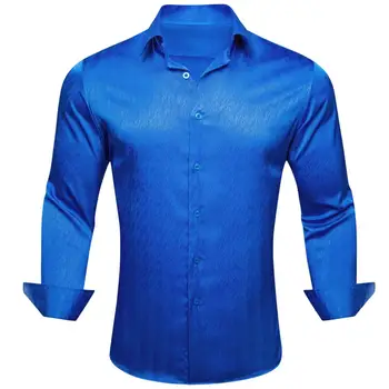 Роскошные рубашки для мужчин, шелковый атлас, Синяя однотонная мужская блузка с длинным рукавом, Повседневные формальные топы, Дышащий Barry Wang