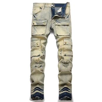 2023 Новые мужские модные ретро джинсы Мужские Лоскутные с множеством карманов Прямые джинсы Мужские джинсовые брюки Карго Vaqueros Hombre