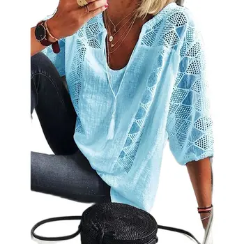 Женская блузка VOLALO y2k 2023, Весенне-летняя хлопковая кружевная рубашка с U-образным вырезом и рукавом 3/4, женская однотонная свободная блузка