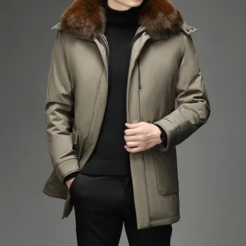 Пуховые зимние куртки для мужчин, толстовка с капюшоном, пуховики средней длины, утолщенная куртка для мужчин среднего и пожилого возраста, теплая модная мужская одежда