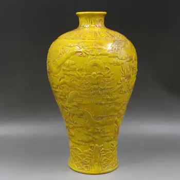 Китайский фарфор с желтой глазурью, ваза с рисунком дракона ручной работы Qing Qianlong 11,6 