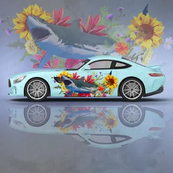 Наклейка на кузов автомобиля с акулой и цветком Itasha Виниловая наклейка на бок автомобиля, наклейка на кузов, наклейка для декора автомобиля, Защитная пленка для автомобиля
