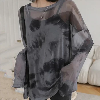 Свободная Женская футболка из прозрачной сетки с длинными рукавами, окрашенная в Корейскую моду, Солнцезащитная основа, тонкий топ для женщин