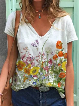 Женская футболка с цветочным рисунком 2023, женская модная одежда с V-образным вырезом, летние женские блузки с коротким рукавом и 3D принтом для девочек, футболка, топ в стиле харадзюку