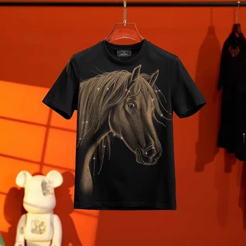 Горячая стильная футболка со стразами и принтом лошади, мужские летние футболки с коротким рукавом, повседневные тонкие футболки с круглым вырезом, Уличная мужская одежда