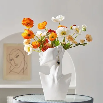 Художественная ваза для лица, женская керамическая ваза на половину лица, креативные керамические поделки для дома, гостиной, офисного декора.