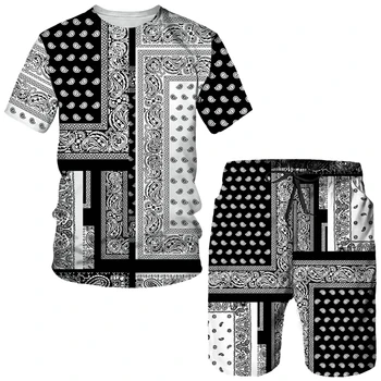 Мужские комплекты футболок с цветочным принтом кешью и коротким рукавом, летняя повседневная уличная одежда в стиле хип-хоп, футболки, шорты, спортивный костюм из 2 предметов, одежда для костюмов