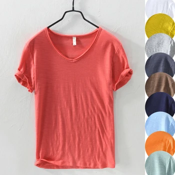 Мужская футболка с необработанным краем в стиле ретро из 100% хлопка - Легкая,дышащая, приталенная однотонная повседневная футболка с V-образным вырезом - Базовый топ
