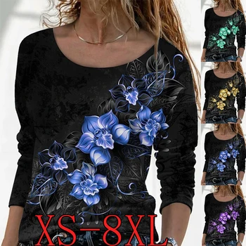 Женские осенне-зимние топы 2023, пуловер с круглым вырезом, элегантная футболка с длинными рукавами и цветочным принтом в стиле ретро XS-8XL