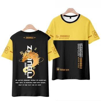 Мужская женская футболка Genshin Impact с игровым персонажем Чжун Ли, Футболка для мальчиков и девочек, детская Одежда из Аниме, Топ С коротким рукавом