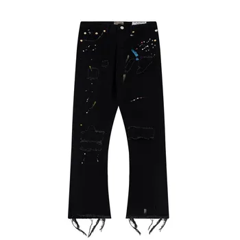 2023 Черные потрепанные чернилами джинсовые брюки в стиле хип-хоп, выстиранные, разрушенные джинсы, уличная одежда, повседневные мужские расклешенные джинсы с граффити