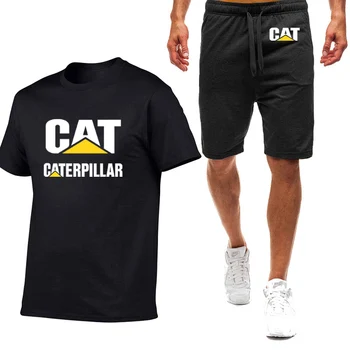 Летняя спортивная футболка с логотипом CAT Caterpillar с круглым вырезом, дышащая футболка с короткими рукавами + модные спортивные штаны, однотонный комплект