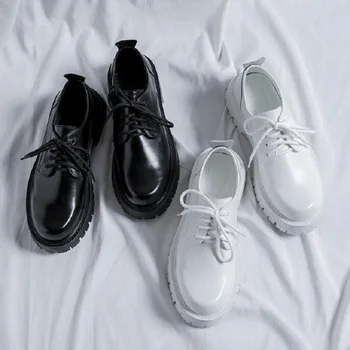 Мужская кожаная повседневная обувь на платформе, Черные, белые винтажные мужские модельные туфли на шнуровке, Деловые оксфорды, Модные свадебные туфли на плоской подошве 1AA49