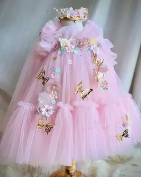 Розовые тюлевые платья для девочек в цветочек для свадеб Бабочка 3D Цветочный Детский день рождения Тюлевое платье для девочек Нарядные платья