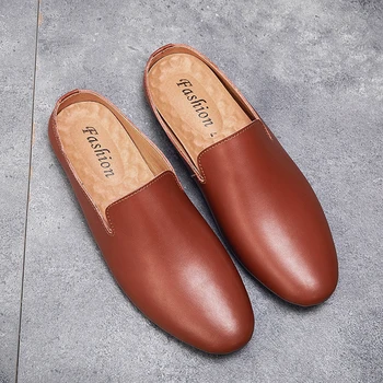 Простые мужские полуботинки из натуральной кожи, мужская обувь Muller, Дышащая повседневная обувь, модная обувь для ленивых, мужские уличные тапочки