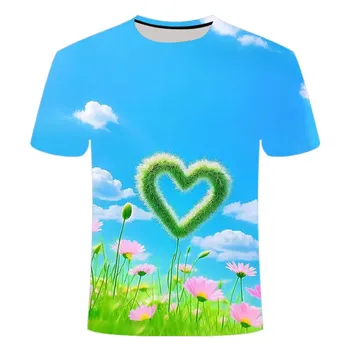 Летняя новая нишевая футболка с изображением влюбленной пары в иностранных пейзажах с 3D-принтом высокой четкости, круглый вырез, модная одежда с короткими рукавами.