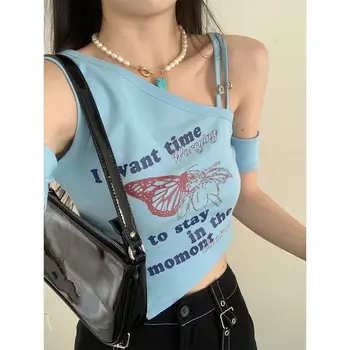 винтажное платье-футболка с короткими рукавами и открытыми плечами 90-х годов Y2K Aesthetic accessories Harajuku graphic, облегающий короткий укороченный топ