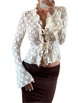 Женский кружевной топ Y2k с длинным рукавом, прозрачный сетчатый топ, галстук спереди, Тонкий укороченный кардиган, рубашка, блузка, уличная одежда