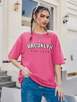 Женские хлопковые футболки с принтом Бруклин, Нью-Йорк, короткий рукав, американский винтаж, трендовые повседневные топы с круглым вырезом, женская одежда Оверсайз