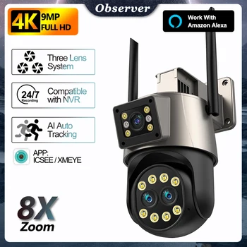 9-Мегапиксельная Наружная Wifi Камера Наблюдения PTZ С Тремя Объективами и Двумя Экранами Ai Humanoid Detection CCTV Auto Tracking IP Cam с Onvif Alexa