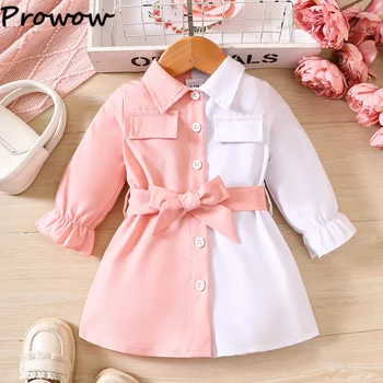 Prowow/ осеннее платье для маленьких девочек с пуговицами на лацканах, бело-розовые платья принцессы в стиле пэчворк с поясом и длинными рукавами, одежда для новорожденных девочек