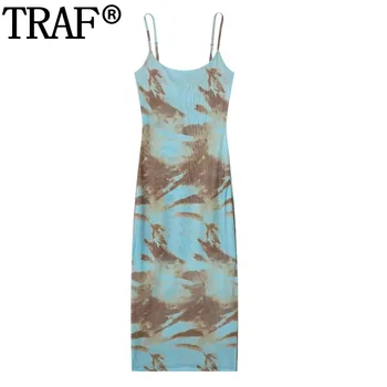 Платье-комбинация из тюля с принтом TRAF 2023, женское облегающее сетчатое платье, Летние длинные платья без рукавов для женщин, пляжное платье Миди с открытой спиной