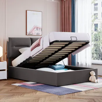 Обитая кровать-платформа с гидравлической системой хранения, полноразмерная, подходит для спальни, серая