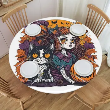 Круглая скатерть для Хэллоуина с котом и маленькой девочкой, устойчивая к морщинам, Декор для Хэллоуина, Отличный подарок