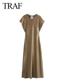 Новые модные летние элегантные платья TRAF Woman, однотонные женские тонкие длинные платья с круглым вырезом и короткими рукавами сзади