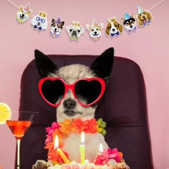 Аксессуары для вечеринки в честь Дня рождения в стиле кошки и собаки, милая мордочка животного, гирлянда с Днем Рождения, цветочный топпер для торта