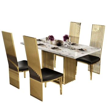 Легкая роскошная мебель Металлический обеденный гарнитур на 6 мест Comedor Золотой Мраморный обеденный стол и стулья