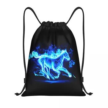 Сумка на шнурке Blue Fire Horse для мужчин и женщин, складная спортивная сумка для спортзала, тренировочные рюкзаки с абстрактным животным искусством