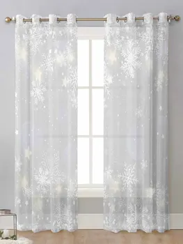 Рождественские прозрачные шторы в виде снежинок серого цвета для окна гостиной, прозрачная вуалевая тюлевая занавеска Cortinas, шторы для домашнего декора