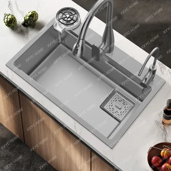 Серая кухонная раковина Nano из нержавеющей стали Sus304 с водопадом, большая раковина ручной работы, раковина для умывания cocina accesorio