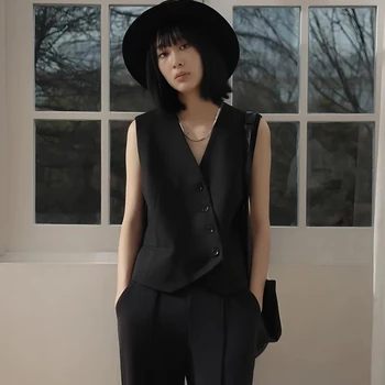 Черный костюм, жилет, женская корейская мода, шикарный дизайн, летняя куртка без рукавов, Новая верхняя одежда, винтажный приталенный жилет, топ